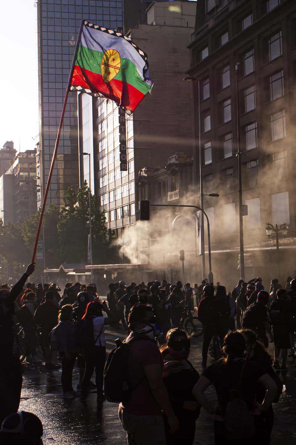 Bandera de un grupo de personas en una protesta con la bandera mapuche ondeando